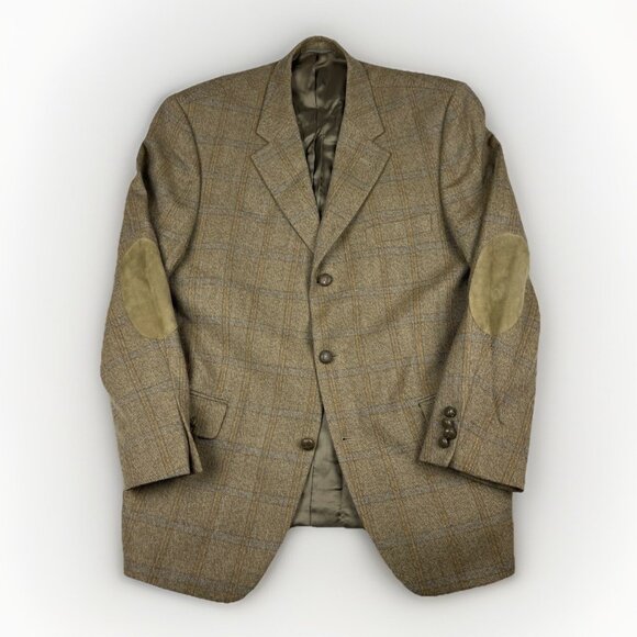 VTG ROY ROBSON Germany Made elbow patches Wool Blazer Plaid Golden Brown Read* - Picture 1 of 16